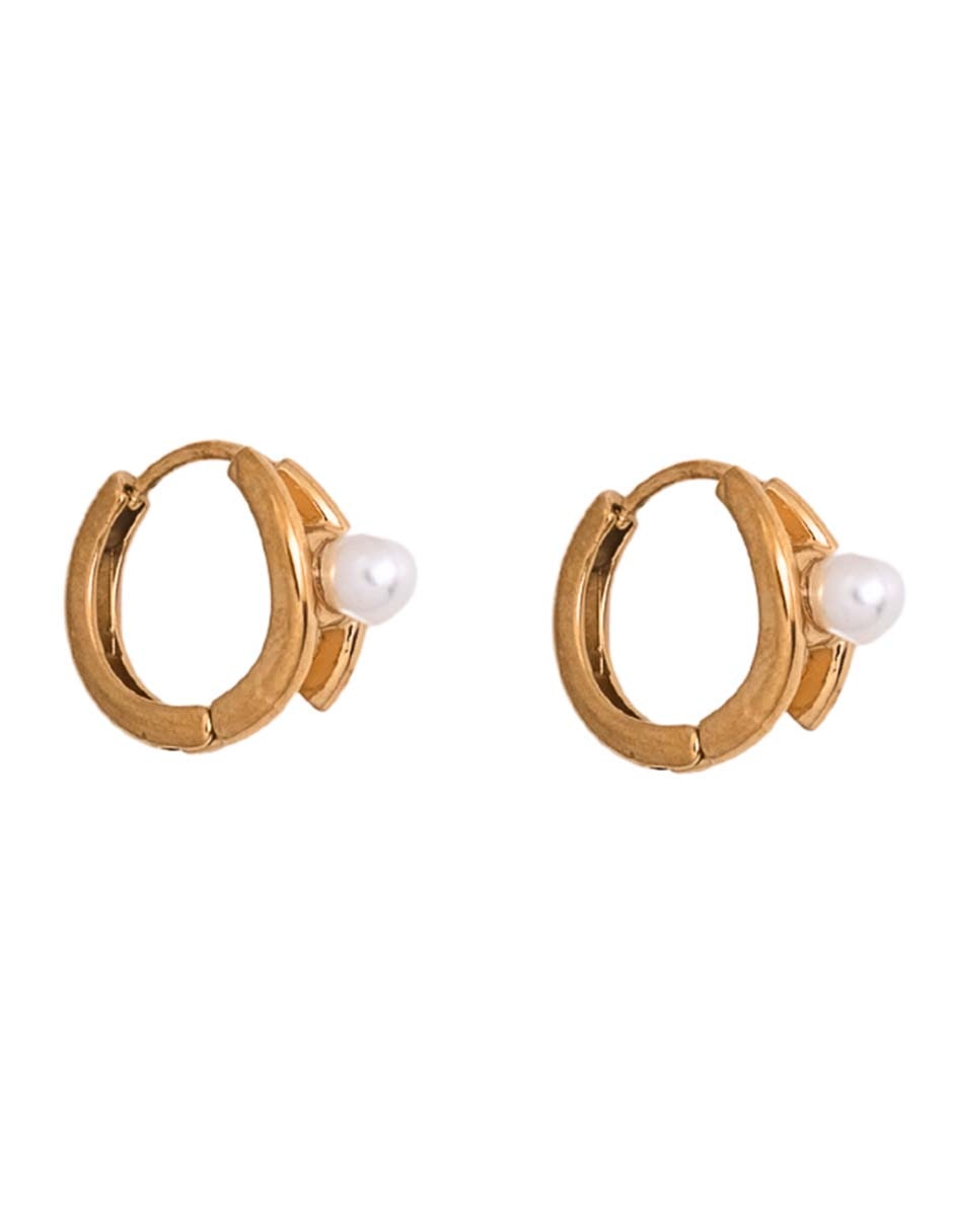 Aretes Huggies con acabado chapa de oro 18 K perla 2