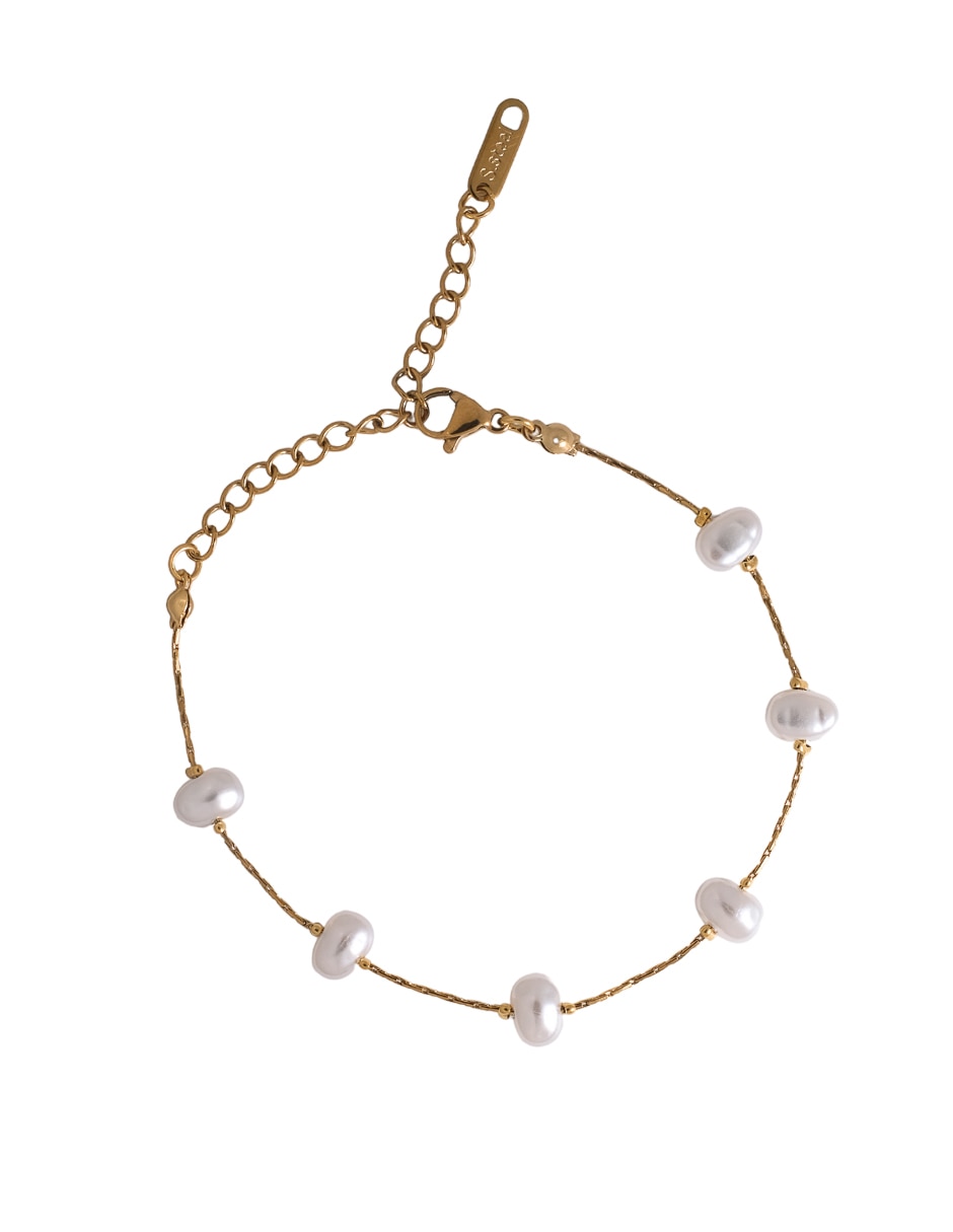 Pulsera de latón con perla 18 k acabado chapa de oro